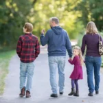 Family walks down the road away from camera with daughter looking back