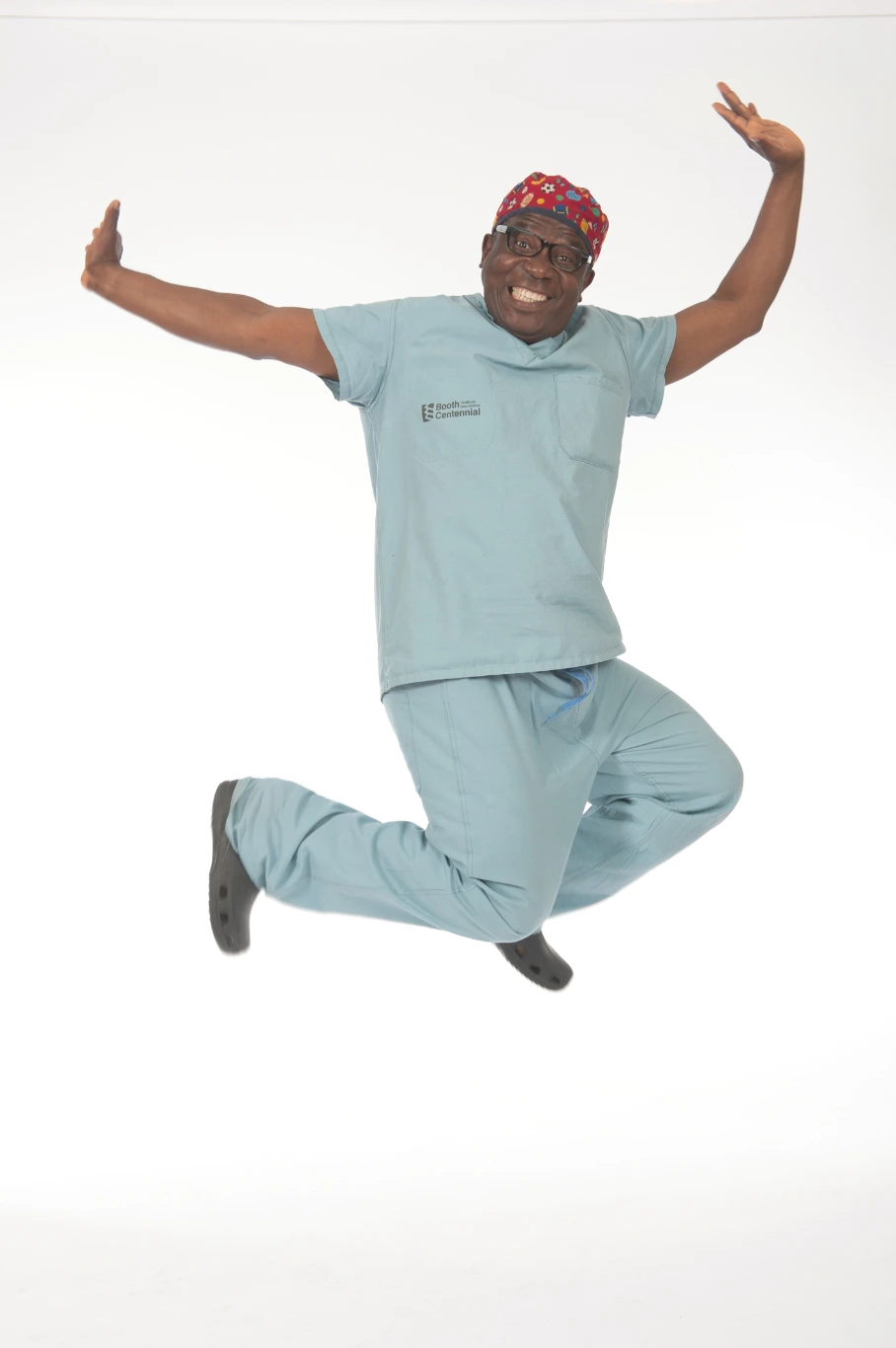 Doctor jumping in the air